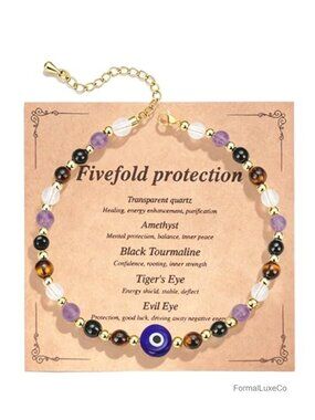 Evil Eye Crystal Healing Bracelet - Amethyst Rose Quartz Black Obsidian Green